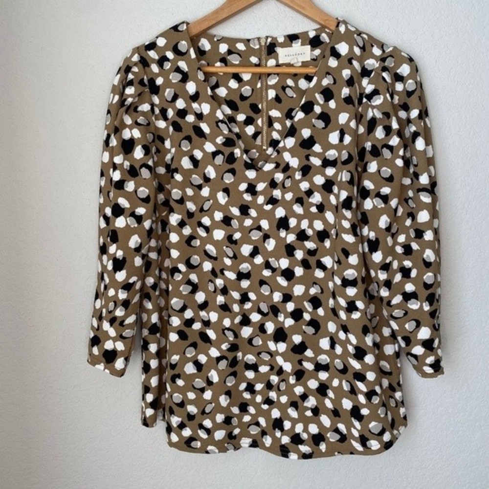 Melloday Abstract Print Brown V-Neck Balloon Sleeve Blouse - Size L - EUC